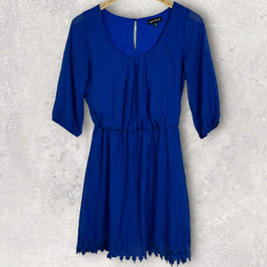Sequin Hearts Lace‎ Trim Blue Mini Dress Long Sleeve Size Medium Cinch Waist M